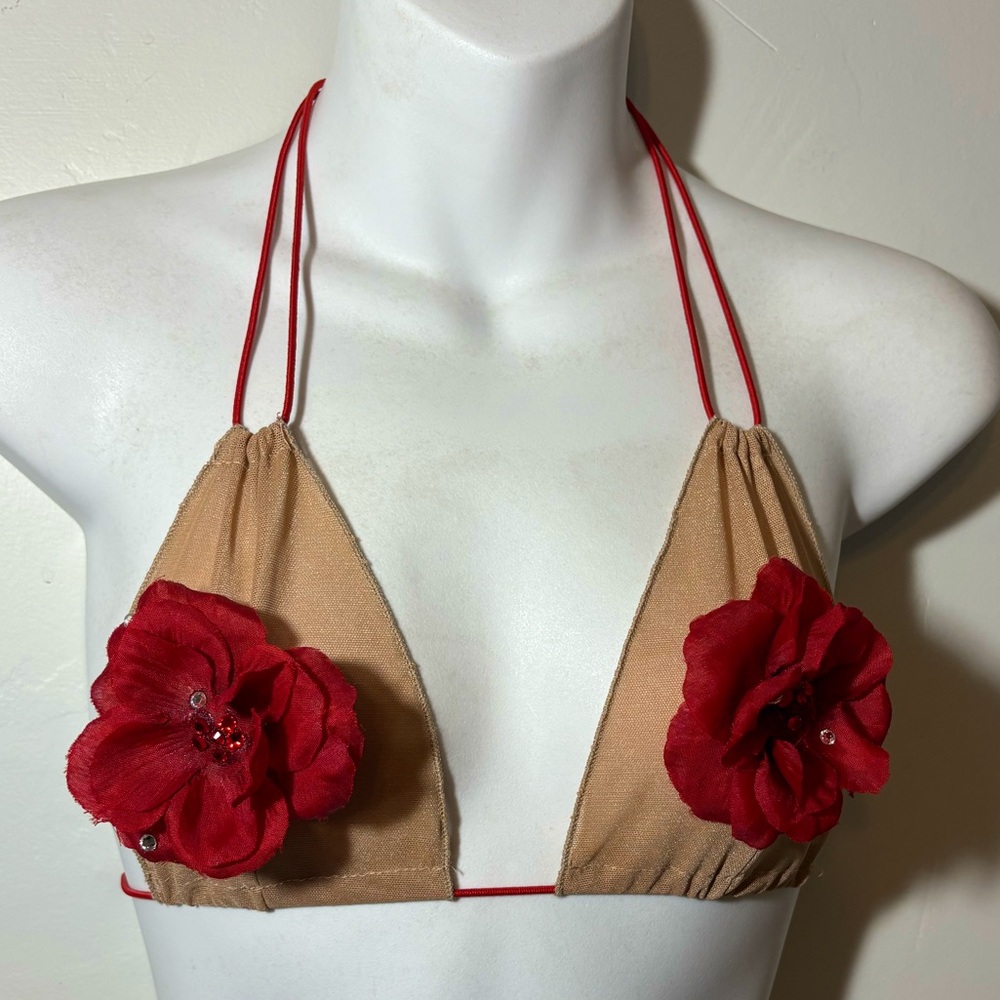 Showgirl illusion mesh bra top costume red flower rose rhinestone festival